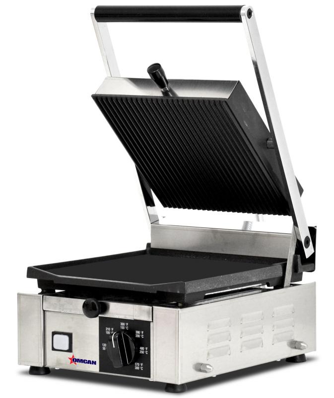 Elite Series 10" x 9" Single Panini Grill with Grooved Top and Smooth Bottom  Grill Surface